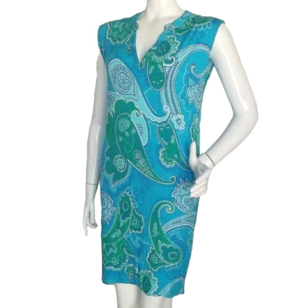 TORI RICHARD Dress, M, Alexia Blue Paisley, Sleeveless Split Neck, Rayon-spandex - Picture 4 of 13